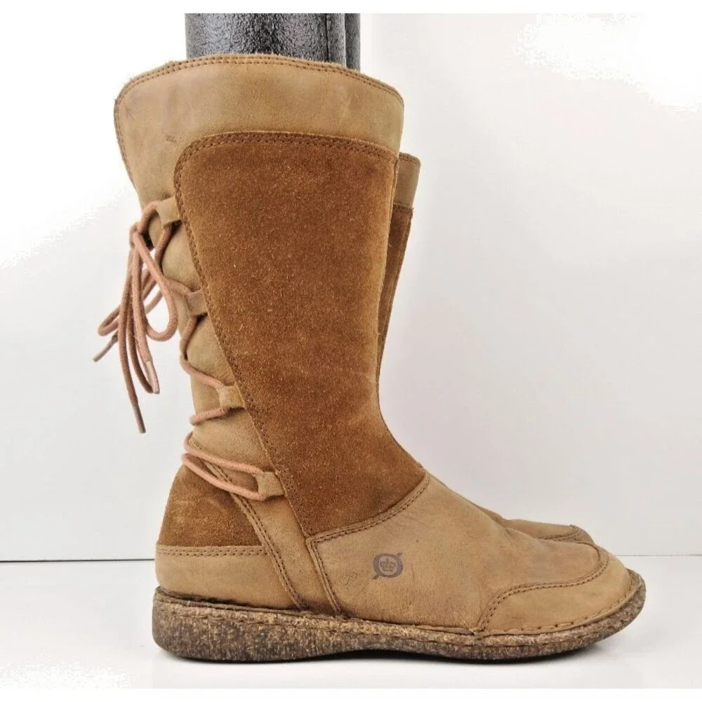 Born Bailie Mid Calf Leather Lace Back Moccasin Boots Size 4